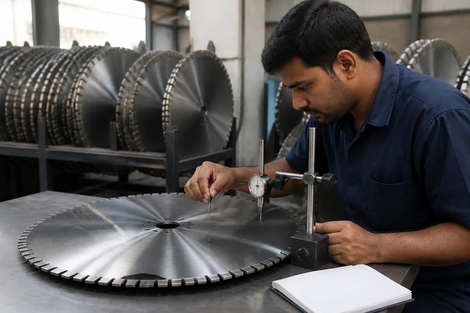 An inspector checking a segmented diamond blade with a dial gauge on a surface plate, with finished blades racked behind.