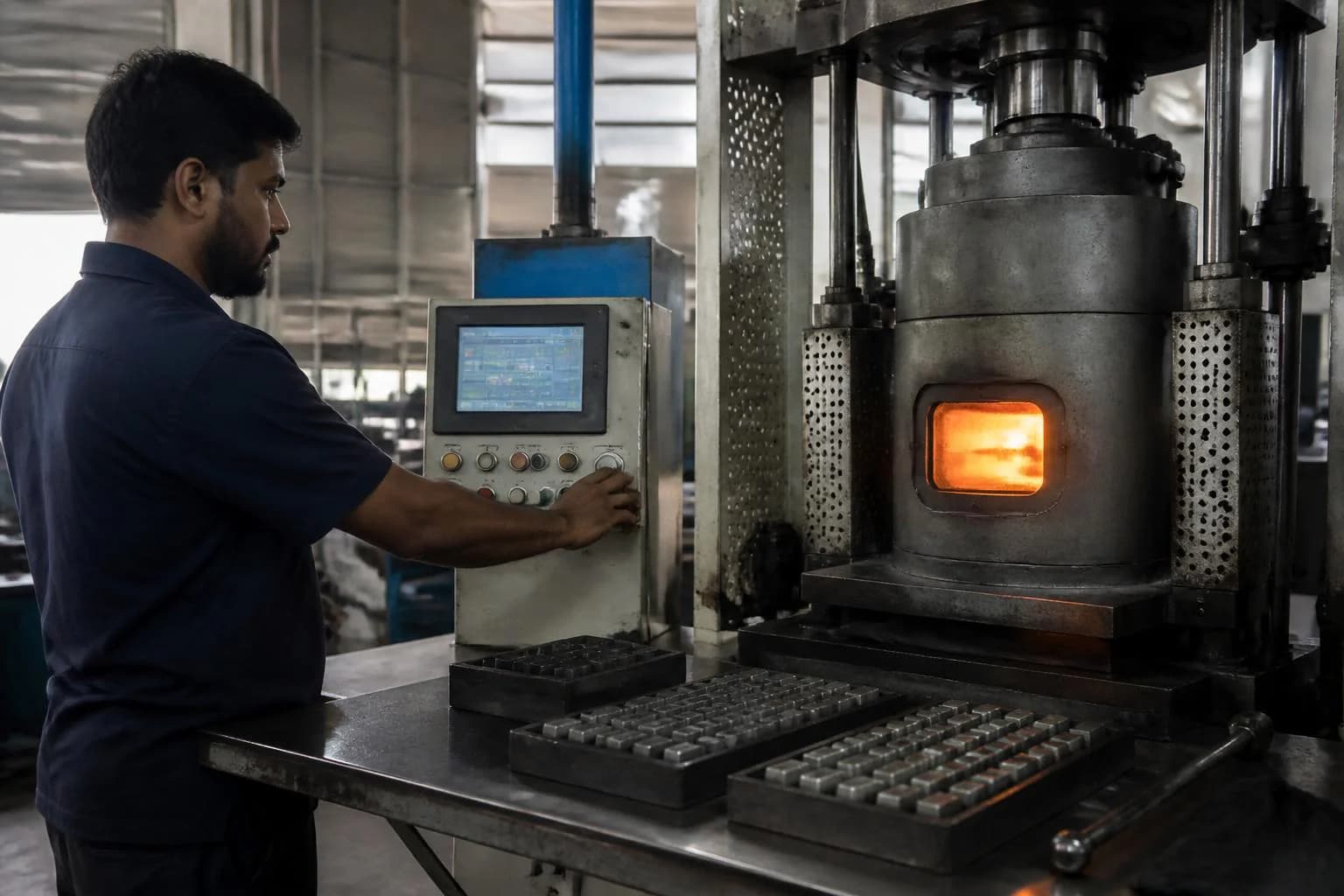 A hot press with a glowing orange die window, and trays of segment moulds on the bench beside it.