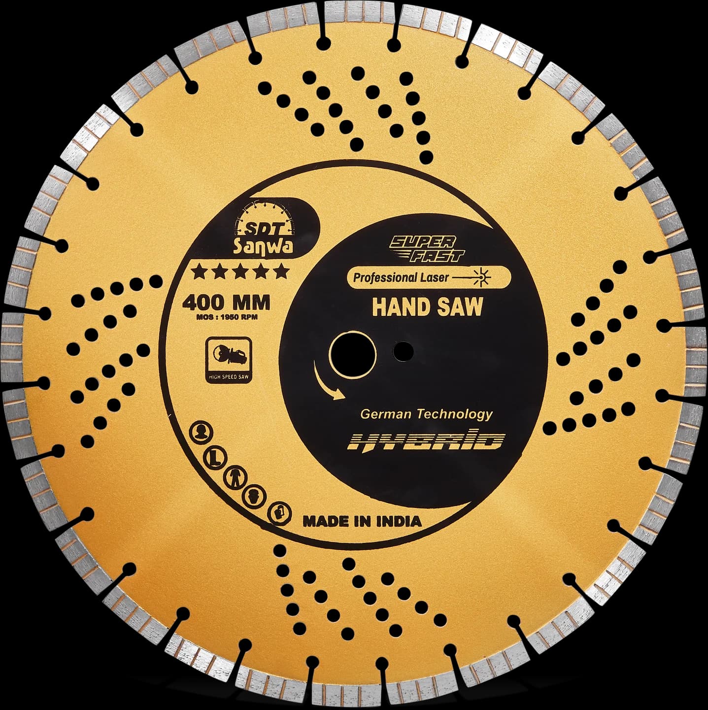 Sanwa 400 mm Hand Saw diamond blade, gold with a black label.